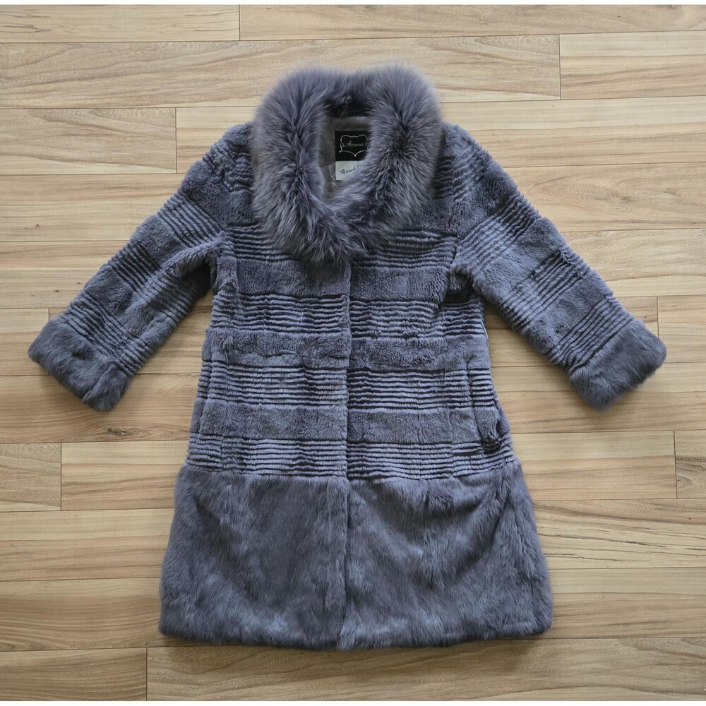 Vintage genuine rabbit fur long coat genuine fox fur collar gray womens L-XL - Picture 1 of 16